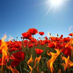 A stunning field of vibrant red poppy flowers, lush and blooming under a bright blue sky, dramatically surrounded by fierce flames that create an intense contrast with the delicate flowers