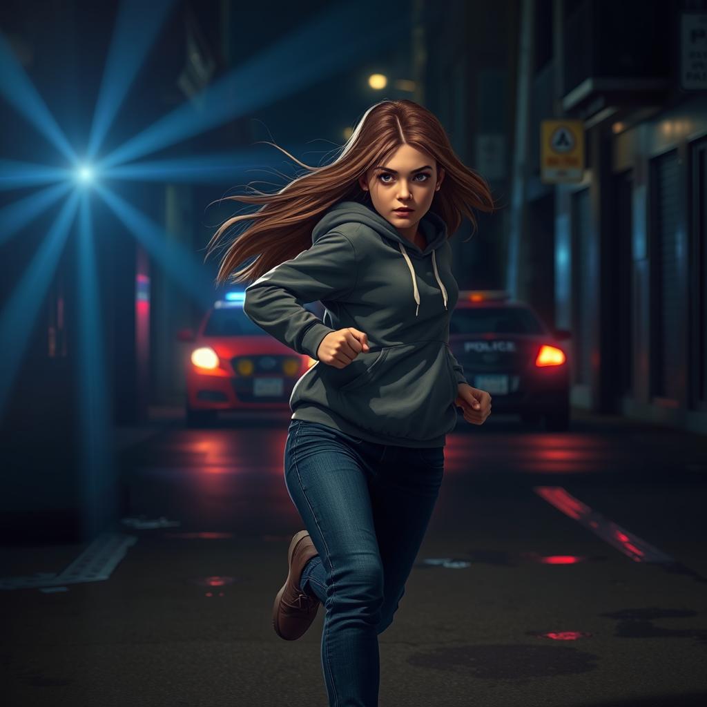 A scene depicting a teenage girl sprinting through a dimly lit urban street at night, with the glow of police car lights flashing in the background