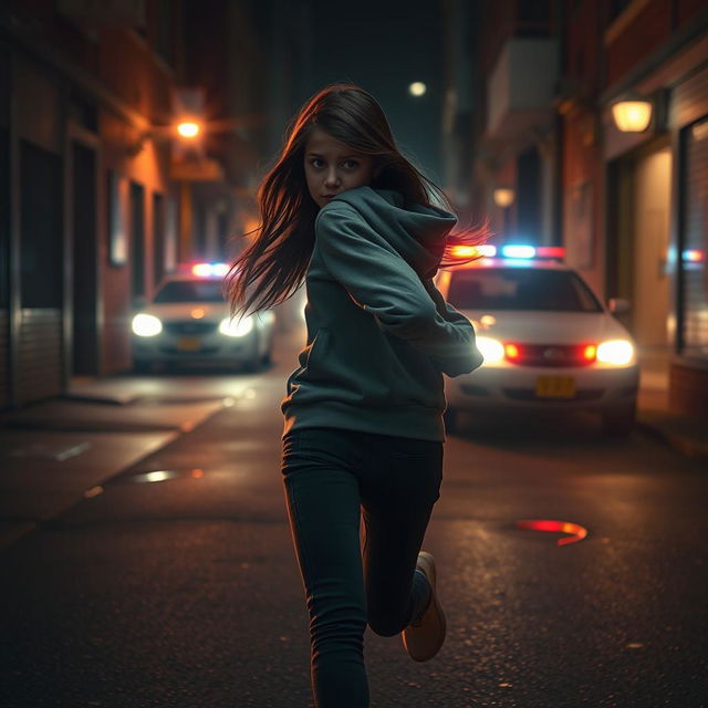 A scene depicting a teenage girl sprinting through a dimly lit urban street at night, with the glow of police car lights flashing in the background