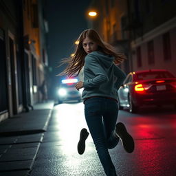 A scene depicting a teenage girl sprinting through a dimly lit urban street at night, with the glow of police car lights flashing in the background