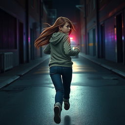 A scene depicting a teenage girl sprinting through a dimly lit urban street at night, with the glow of police car lights flashing in the background