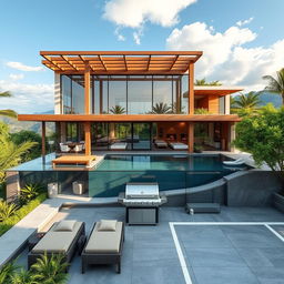 An elegant exterior design of a stunning luxury spa, showcasing floor-to-ceiling windows that create a seamless connection between the indoors and the breathtaking natural surroundings