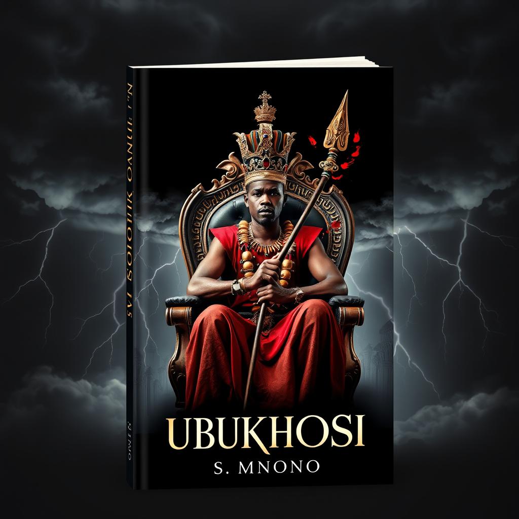 A realistic book cover titled 'UBUKHOSI' featuring a man of African descent sitting regally on a grand throne chair