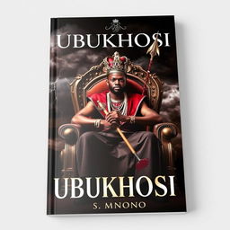 A realistic book cover titled 'UBUKHOSI' featuring a man of African descent sitting regally on a grand throne chair