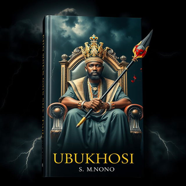 A realistic book cover titled 'UBUKHOSI' featuring a man of African descent sitting regally on a grand throne chair