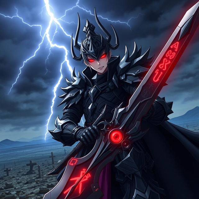 Sukuna from Jujutsu Kaisen anime reimagined as a menacing Deathknight, donning elaborate, dark armor with a gothic aesthetic