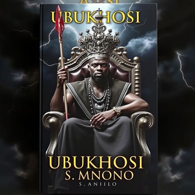 A realistic book cover titled 'UBUKHOSI' featuring a strong black man seated regally on a grand throne chair