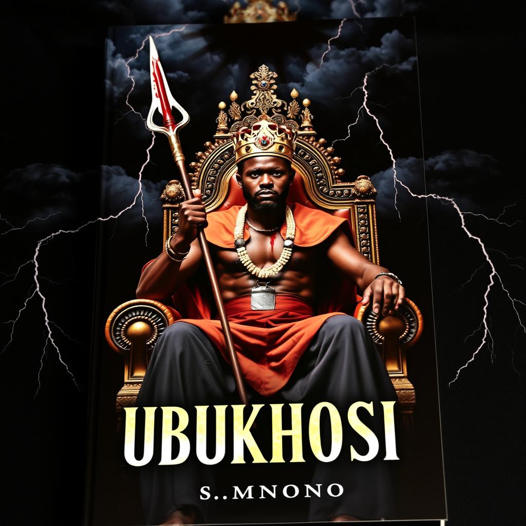 A realistic book cover titled 'UBUKHOSI' featuring a strong black man seated regally on a grand throne chair