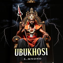 A realistic book cover titled 'UBUKHOSI' featuring a strong black man seated regally on a grand throne chair