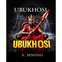 A realistic book cover titled 'UBUKHOSI' featuring a strong black man seated regally on a grand throne chair