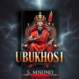 A realistic book cover titled 'UBUKHOSI' featuring a strong black man seated regally on a grand throne chair