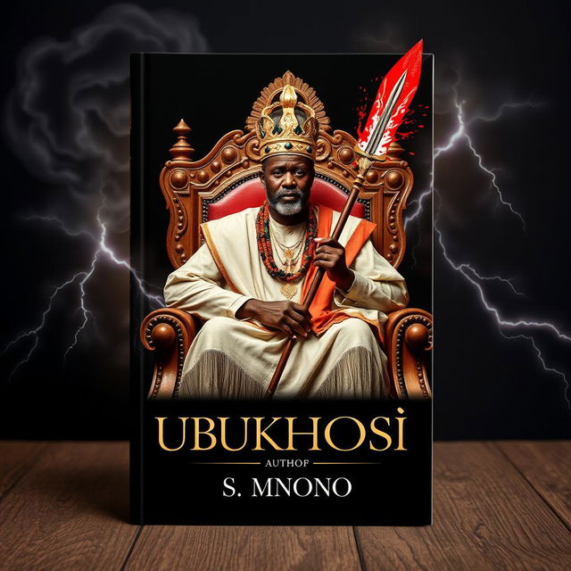 A striking book cover titled 'UBUKHOSI' featuring a man dressed in traditional Xhosa attire, sitting regally on a grand throne chair