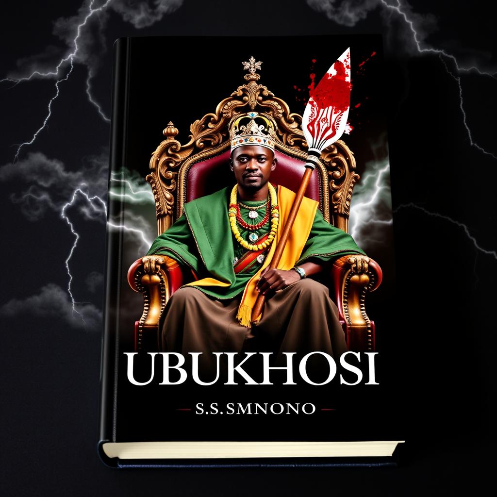 A striking book cover titled 'UBUKHOSI' featuring a man dressed in traditional Xhosa attire, sitting regally on a grand throne chair