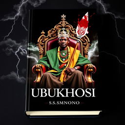 A striking book cover titled 'UBUKHOSI' featuring a man dressed in traditional Xhosa attire, sitting regally on a grand throne chair