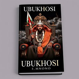 A striking book cover titled 'UBUKHOSI' featuring a man dressed in traditional Xhosa attire, sitting regally on a grand throne chair