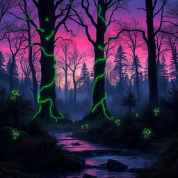 A serene and mystical forest landscape at twilight, with tall, ancient trees draped in glowing bioluminescent vines