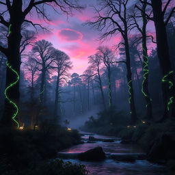 A serene and mystical forest landscape at twilight, with tall, ancient trees draped in glowing bioluminescent vines