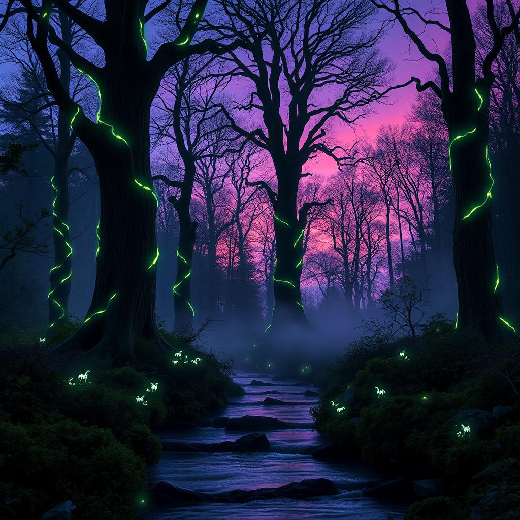 A serene and mystical forest landscape at twilight, with tall, ancient trees draped in glowing bioluminescent vines