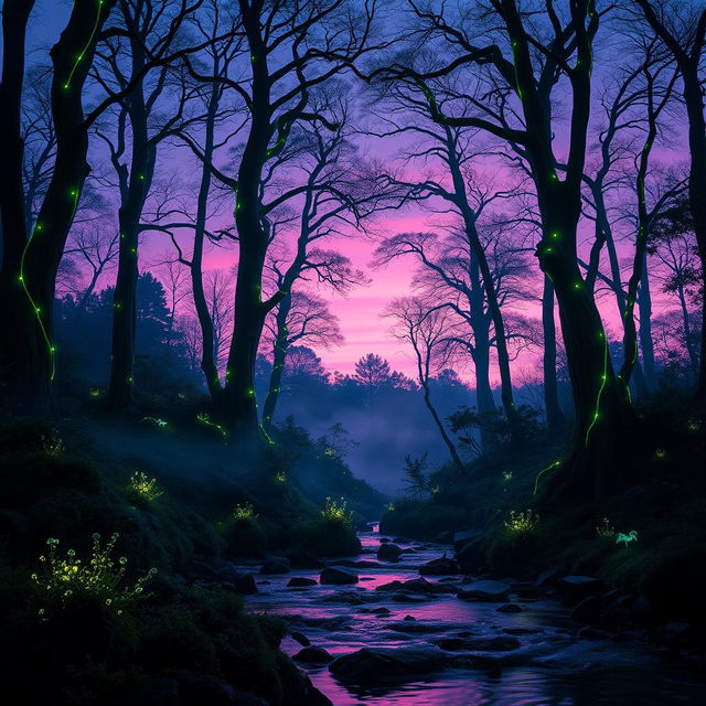 A serene and mystical forest landscape at twilight, with tall, ancient trees draped in glowing bioluminescent vines