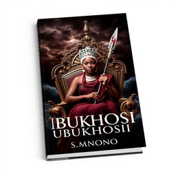 A striking book cover titled 'UBUKHOSI' featuring a woman of African descent dressed in traditional Xhosa attire, sitting regally on an ornate throne chair