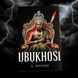 A striking book cover titled 'UBUKHOSI' featuring a woman of African descent dressed in traditional Xhosa attire, sitting regally on an ornate throne chair
