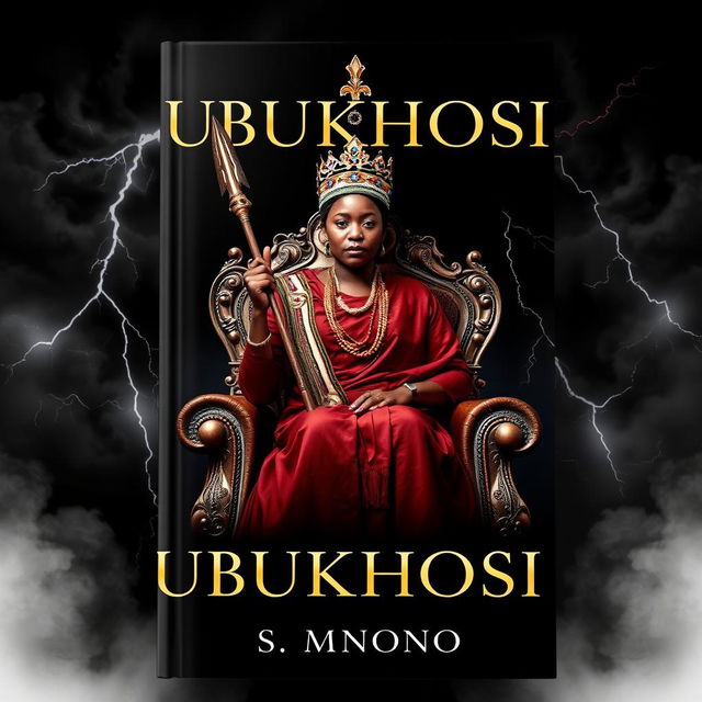 A striking book cover titled 'UBUKHOSI' featuring a woman of African descent dressed in traditional Xhosa attire, sitting regally on an ornate throne chair