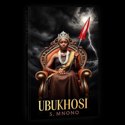 A striking book cover titled 'UBUKHOSI' featuring a woman of African descent dressed in traditional Xhosa attire, sitting regally on an ornate throne chair