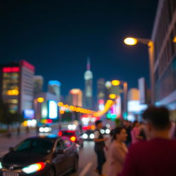 A beautifully blurred view of a vibrant city at night, with colorful lights from buildings and street lamps creating a dreamy, bokeh effect