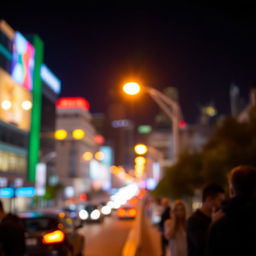 A beautifully blurred view of a vibrant city at night, with colorful lights from buildings and street lamps creating a dreamy, bokeh effect
