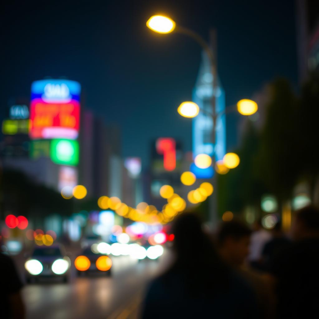 A beautifully blurred view of a vibrant city at night, with colorful lights from buildings and street lamps creating a dreamy, bokeh effect