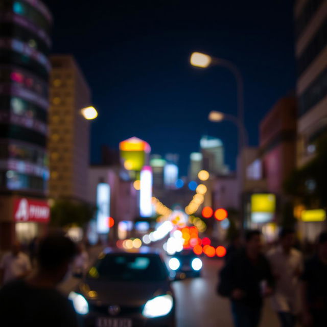 A beautifully blurred view of a vibrant city at night, with colorful lights from buildings and street lamps creating a dreamy, bokeh effect