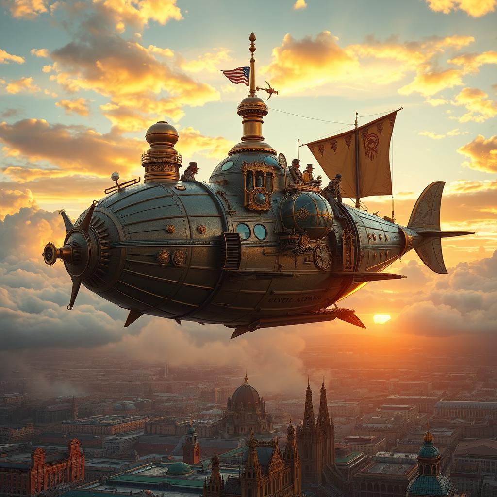 A steampunk-inspired airship soaring through the clouds, detailed with brass and copper elements, intricate gears, and glass domes