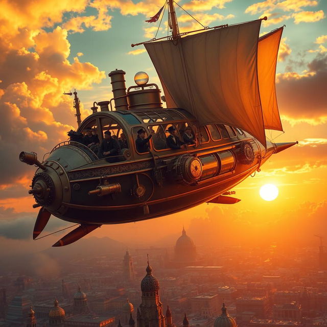 A steampunk-inspired airship soaring through the clouds, detailed with brass and copper elements, intricate gears, and glass domes