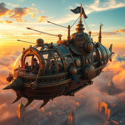 A steampunk-inspired airship soaring through the clouds, detailed with brass and copper elements, intricate gears, and glass domes