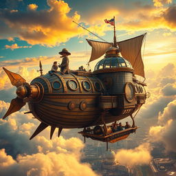 A steampunk-inspired airship soaring through the clouds, detailed with brass and copper elements, intricate gears, and glass domes