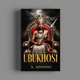 A captivating book cover titled 'UBUKHOSI' featuring a woman of African descent dressed in traditional Xhosa attire, sitting elegantly on a majestic throne chair