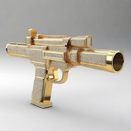 A luxurious machine gun crafted from a blend of resplendent gold and brilliant diamonds, exhibiting both opulence and power.