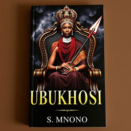 A captivating book cover titled 'UBUKHOSI' featuring a woman of African descent dressed in traditional Xhosa attire, sitting elegantly on a majestic throne chair