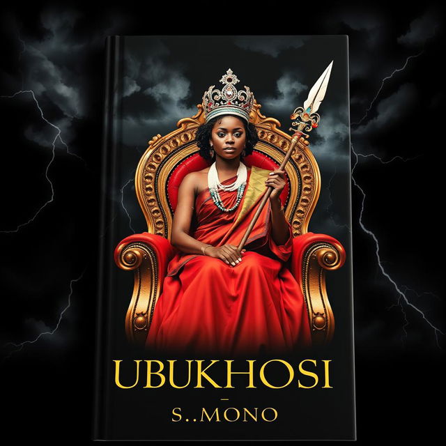 A captivating book cover titled 'UBUKHOSI' featuring a woman of African descent dressed in traditional Xhosa attire, sitting elegantly on a majestic throne chair