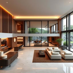A luxurious interior design for an ecological spa, emphasizing an open concept on the ground floor that seamlessly combines a spacious kitchen, living room, and dining room, allowing for easy flow and a sense of expansiveness