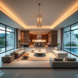 A luxurious interior design for an ecological spa, emphasizing an open concept on the ground floor that seamlessly combines a spacious kitchen, living room, and dining room, allowing for easy flow and a sense of expansiveness