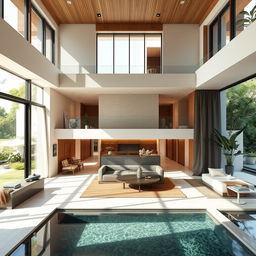 A luxurious interior design for an ecological spa, emphasizing an open concept on the ground floor that seamlessly combines a spacious kitchen, living room, and dining room, allowing for easy flow and a sense of expansiveness