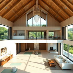 A luxurious interior design for an ecological spa, emphasizing an open concept on the ground floor that seamlessly combines a spacious kitchen, living room, and dining room, allowing for easy flow and a sense of expansiveness