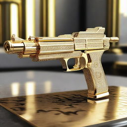 A luxurious machine gun crafted from a blend of resplendent gold and brilliant diamonds, exhibiting both opulence and power.