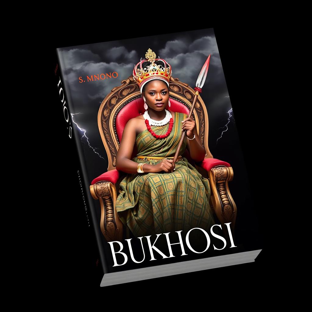 A captivating book cover titled 'UBUKHOSI' featuring a woman of African descent dressed in traditional Xhosa attire, elegantly seated on a regal throne chair