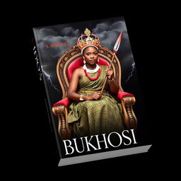 A captivating book cover titled 'UBUKHOSI' featuring a woman of African descent dressed in traditional Xhosa attire, elegantly seated on a regal throne chair