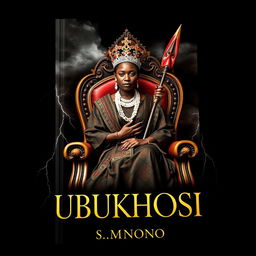 A captivating book cover titled 'UBUKHOSI' featuring a woman of African descent dressed in traditional Xhosa attire, elegantly seated on a regal throne chair