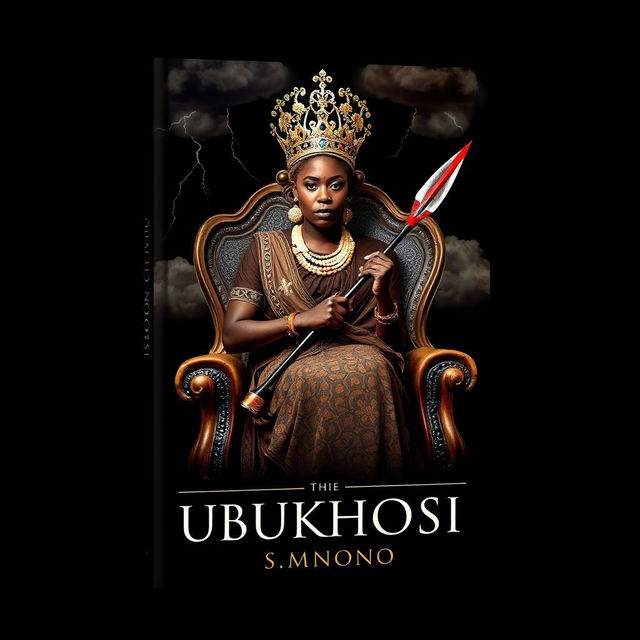 A captivating book cover titled 'UBUKHOSI' featuring a woman of African descent dressed in traditional Xhosa attire, elegantly seated on a regal throne chair