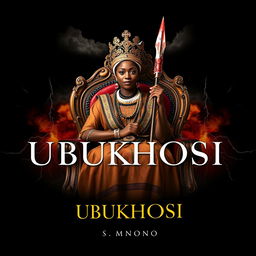 A captivating book cover titled 'UBUKHOSI' featuring a woman of African descent dressed in traditional Xhosa attire, elegantly seated on a regal throne chair