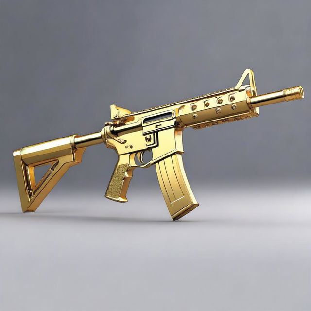 An M16 rifle masterfully created from gleaming gold and dazzling diamonds, reflecting a mixture of grandeur and ferocity.